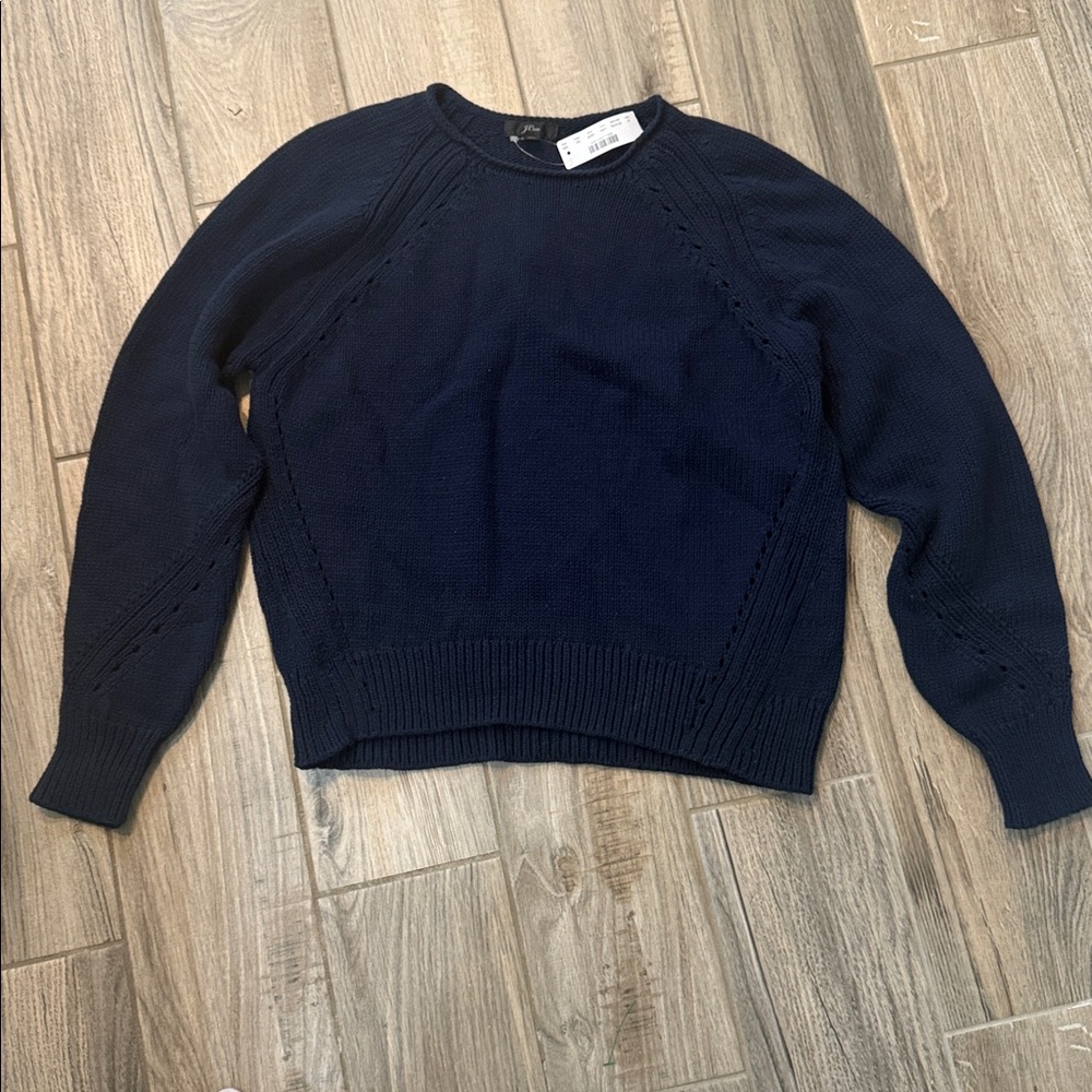 J Crew Woman's Sweater with pointelle stitching Sz Medium J6381 Navy NWT - Picture 2 of 11